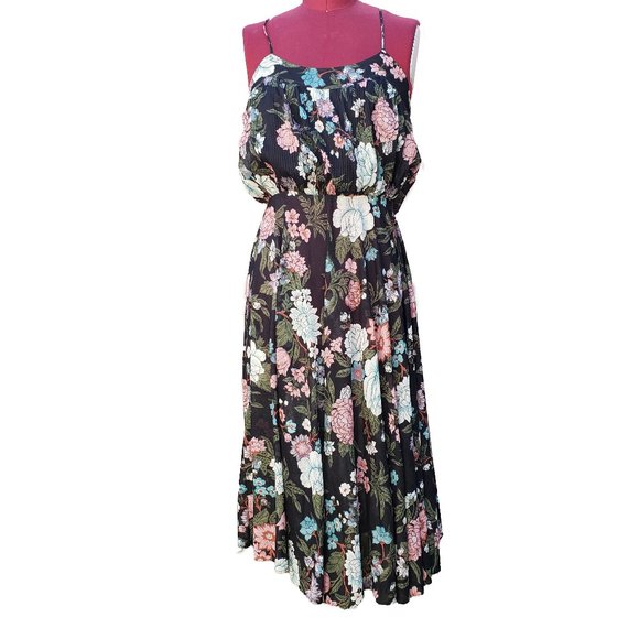 Vintage Young Edwardian Blouson Dress Black Floral Spaghetti Straps Midi Small - Picture 1 of 11